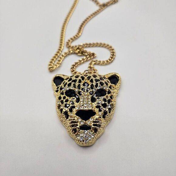 Natasha Couture Large Panther Leopard Gold Tone Necklace Rhinestone Cheetah - Picture 2 of 8